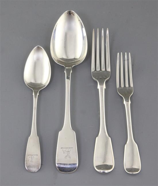 A canteen of silver fiddle pattern flatware, George III and later, London and Dublin (crested) and a canteen of bone-handled knives